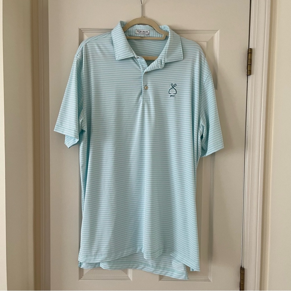 Peter Millar Heritage Performance Jersey Golf Polo Shirt, Blue White Stripes, XL